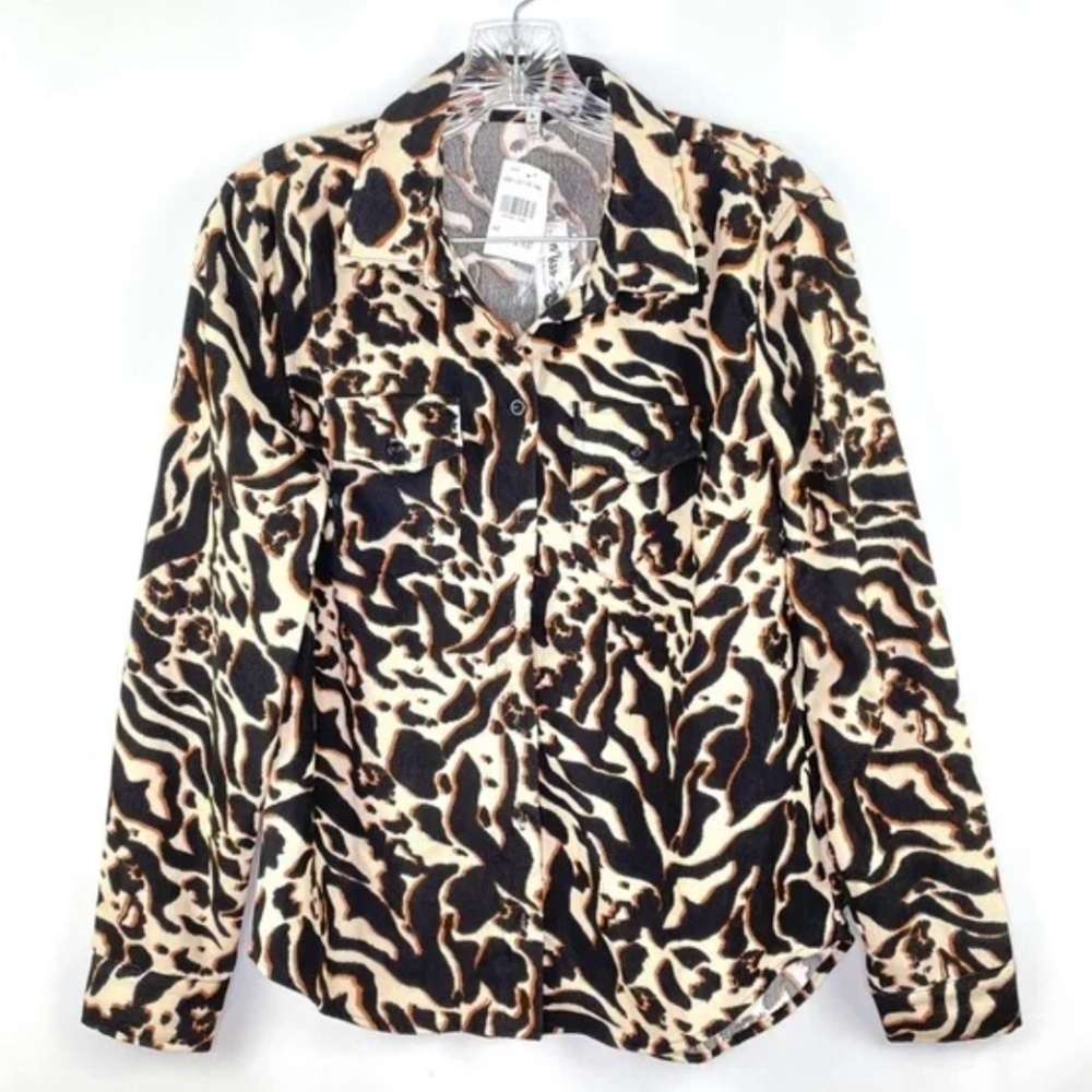 Miss Selfie Corduroy Abstract Printed Collared Button Down Long Sleeve Shirt S